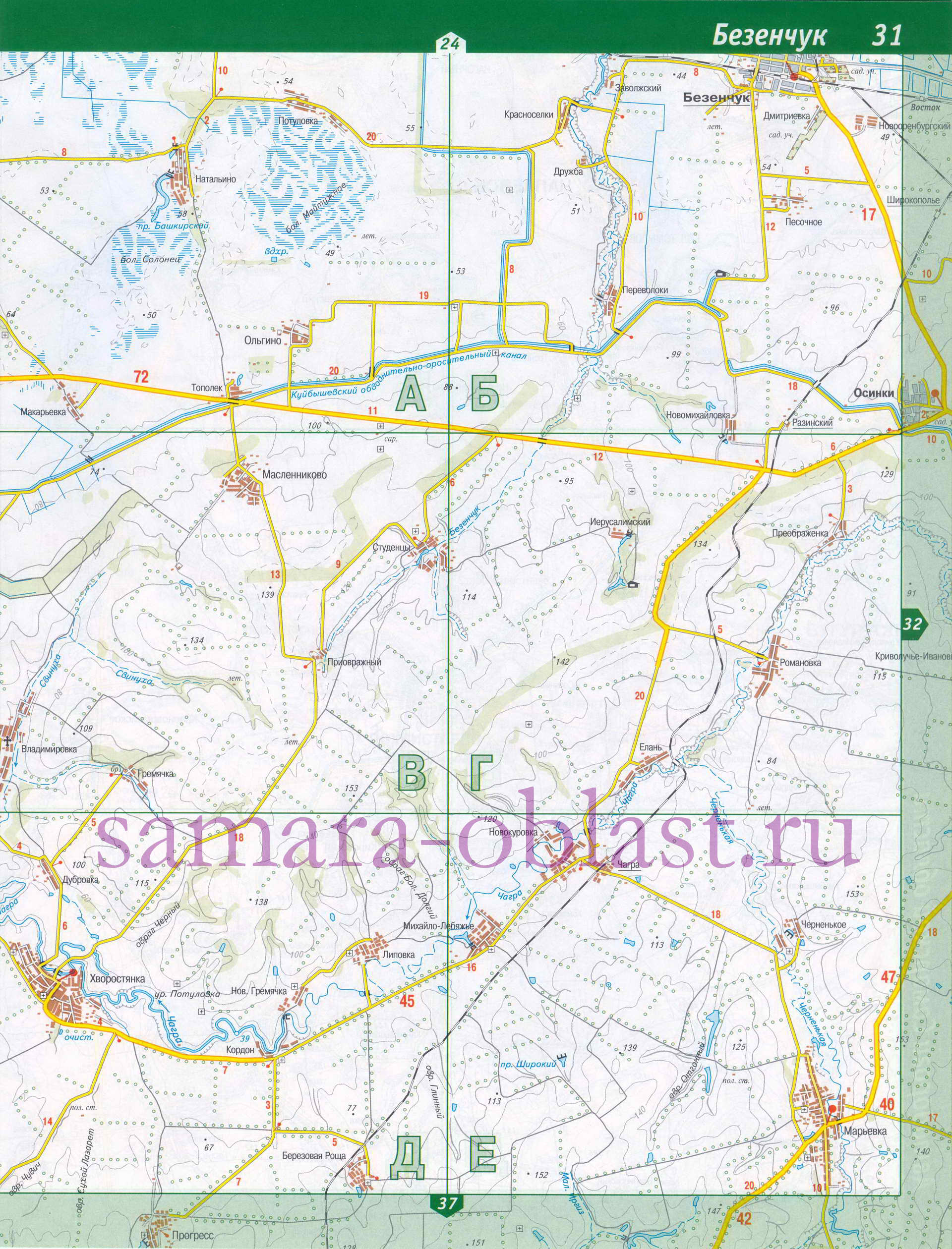 Карта Безенчукского района . Автодороги области - Безенчукский район, A1 - 