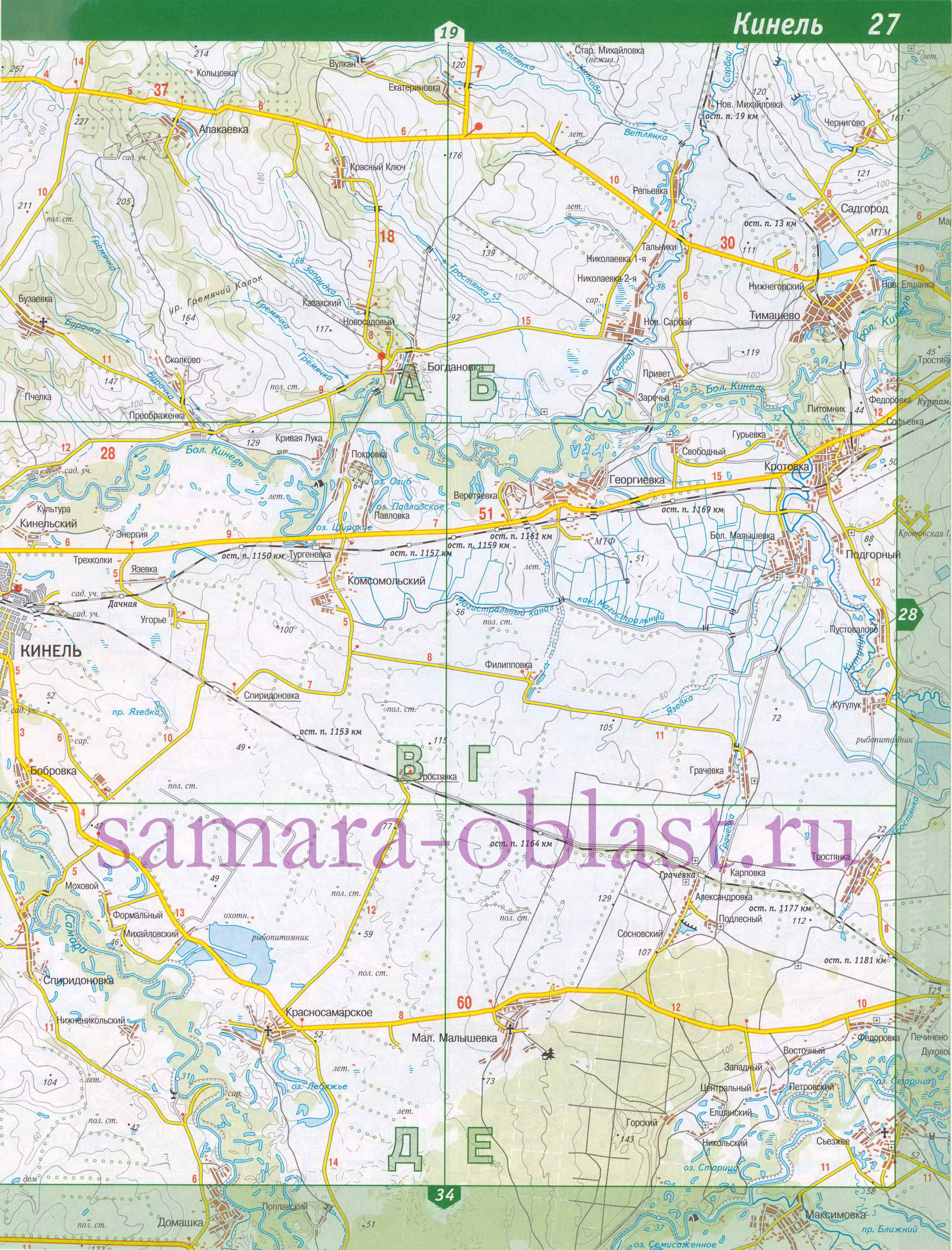 Карта Кинельского района Самарской области. Подробная карта автодорог Кинельский район. Автомобильные дороги - Кинельский район, B0 - 