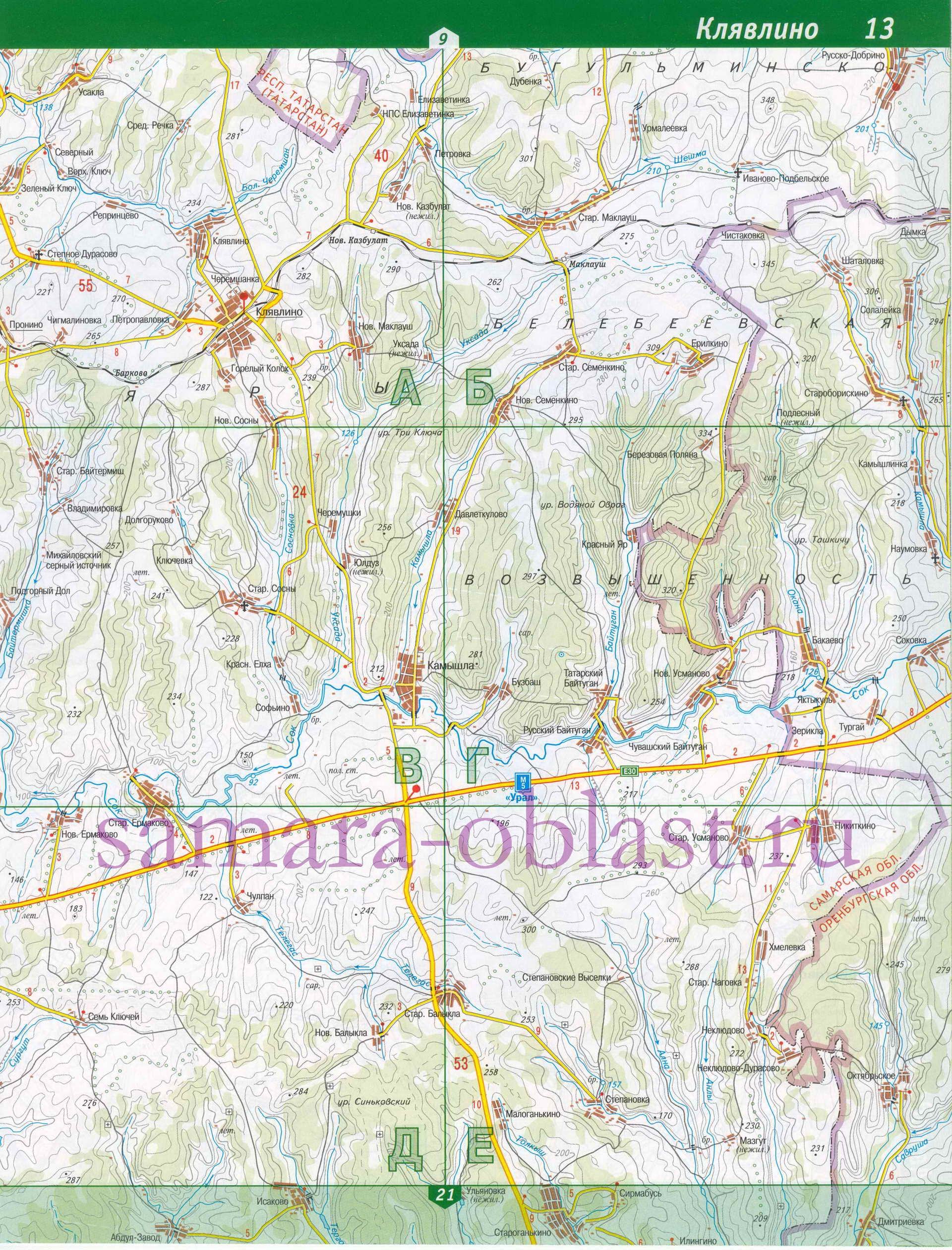 Карта Клявлинского района. Подробная схема дорог - Клявлинский район, A1 - 